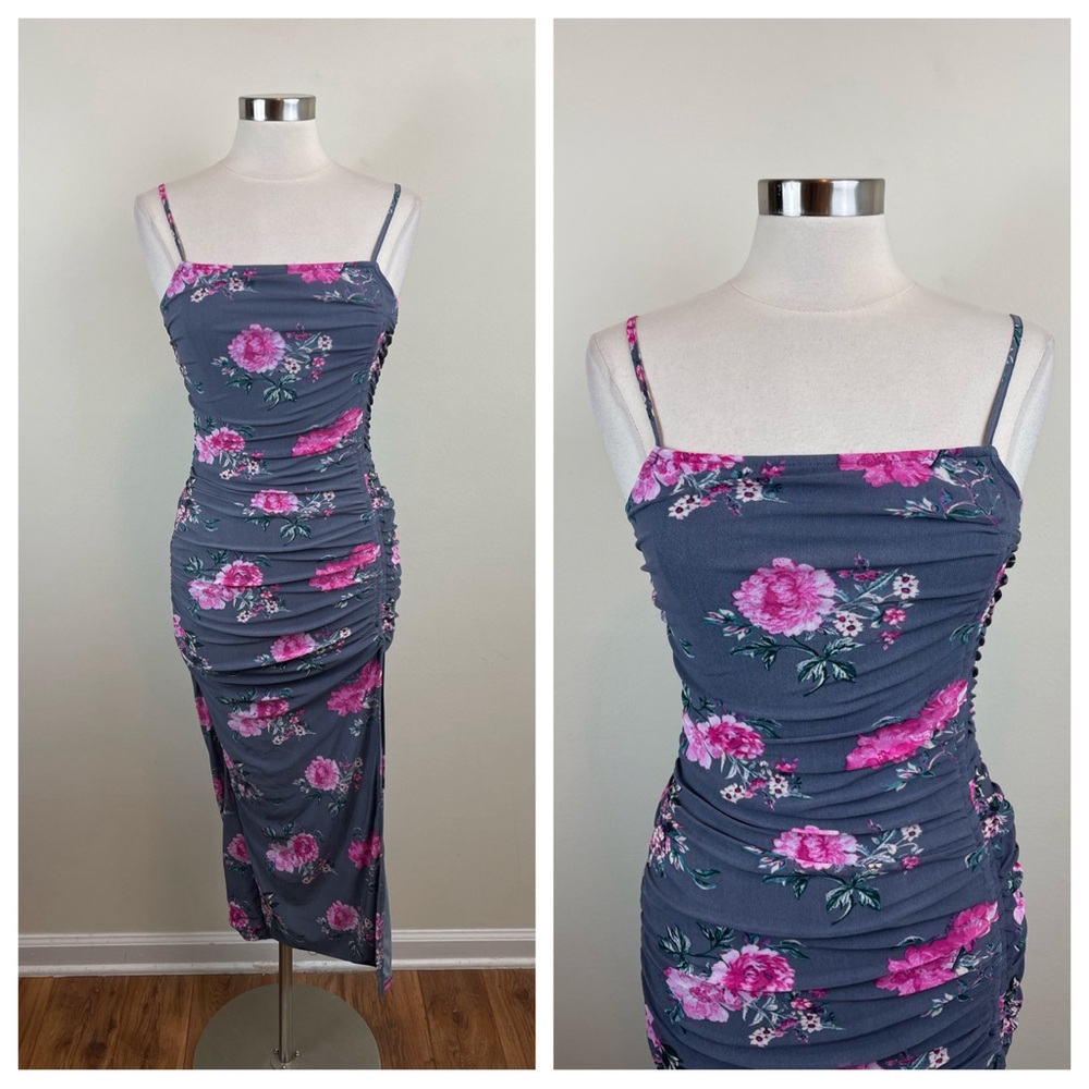 Charlotte Russe Gray Pink Floral Bodycon Long Dress Women Small Fun